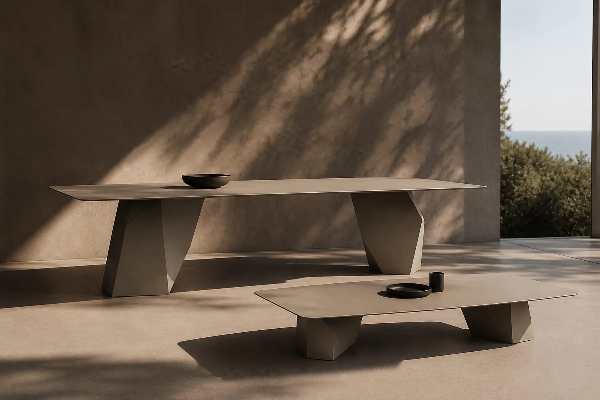 Table à manger et table basse Monolithe en métal sculpté, sur une terrasse face à la mer