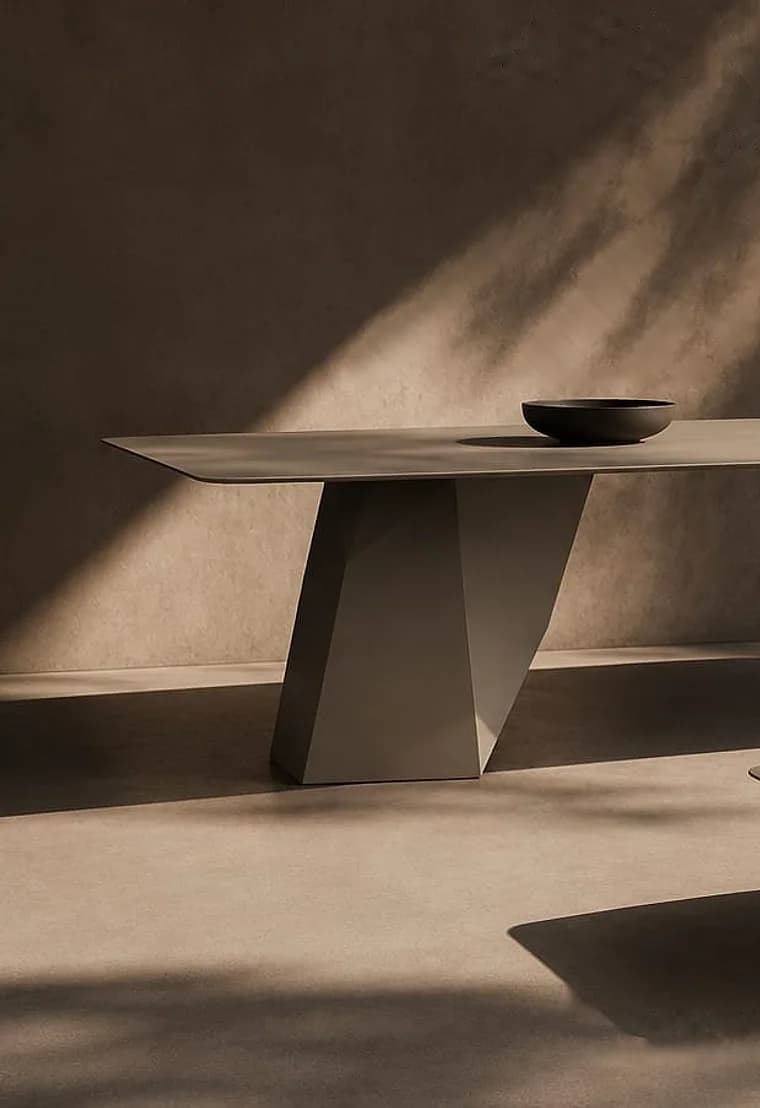 Table Monolithe en métal sculpté, plateau effilé et piètement taillé en facettes